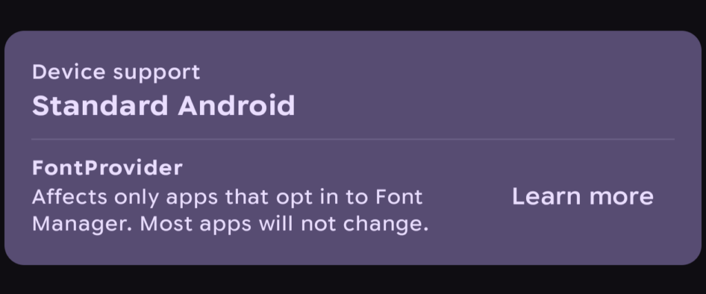 Font Manager's device support card reading "Standard Android, FontProvider" with a note that most apps will not change.