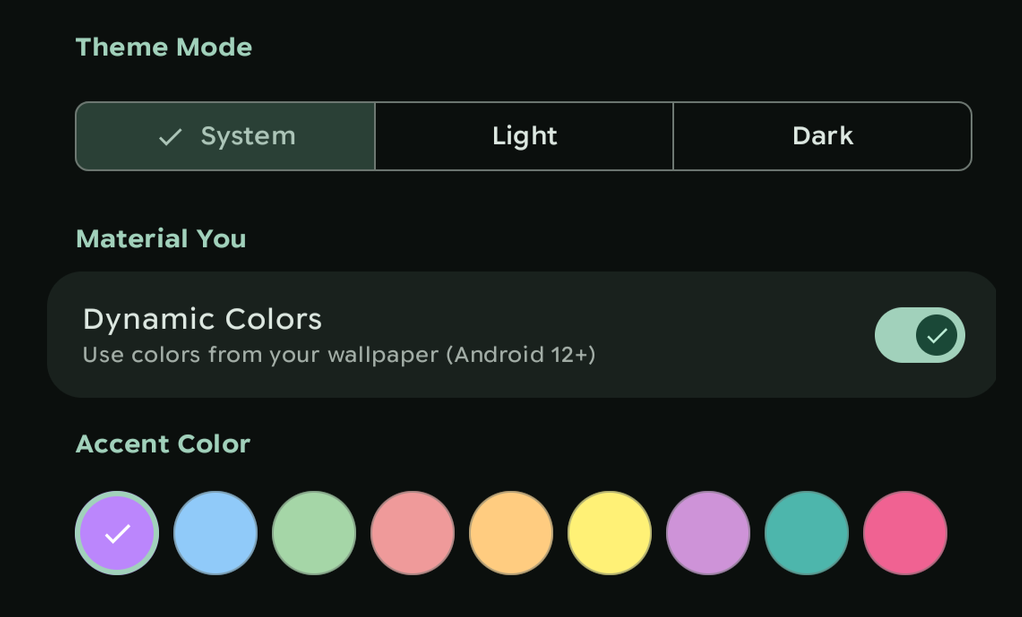 Font Manager's theme settings showing theme mode, dynamic colours, and a row of nine accent colour swatches.